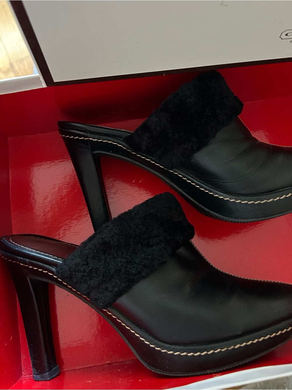 COACH Black Leather Shearling-Trim High Heel Mules KACIE CALF/SHEARLING